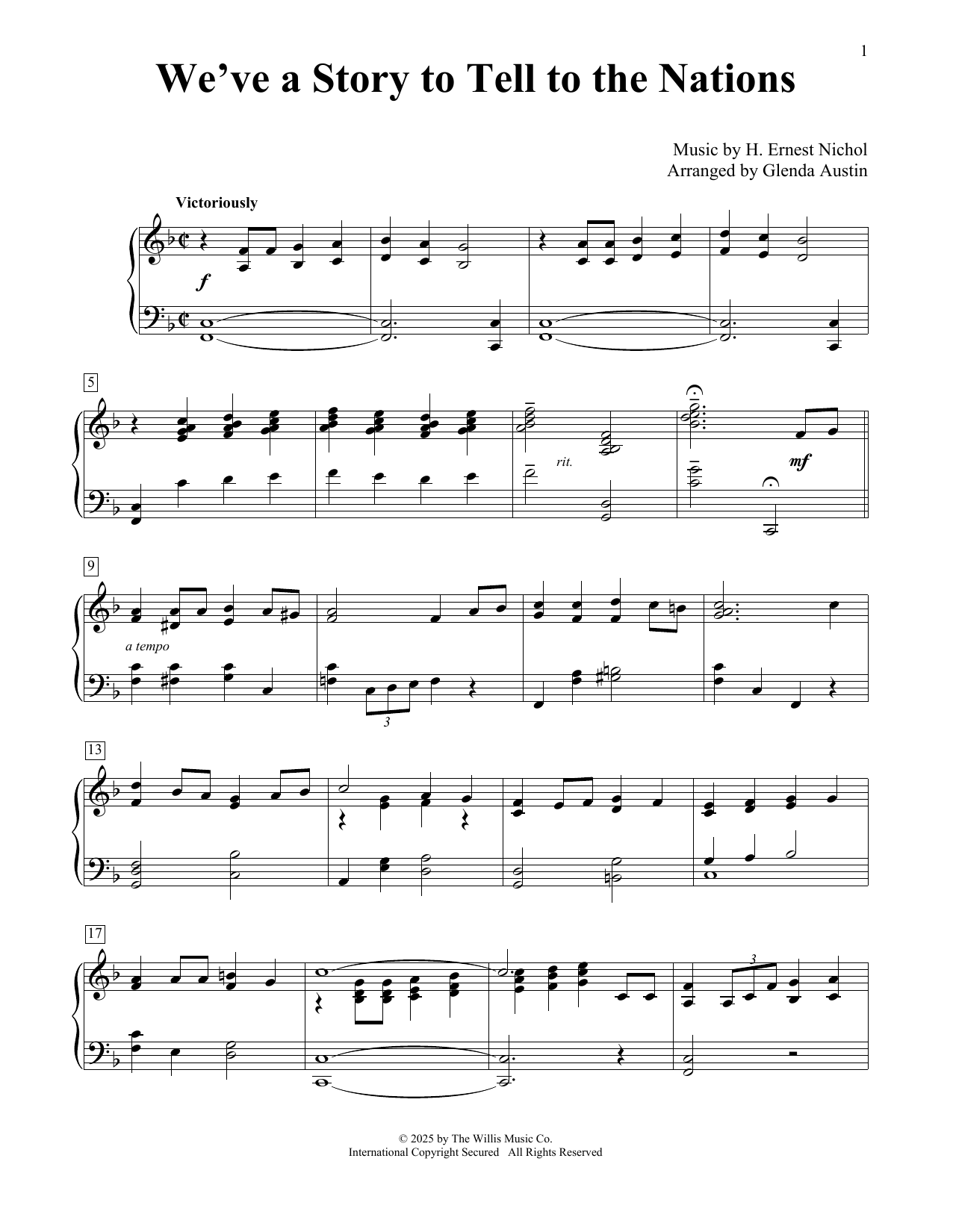 H. Ernest Nichol We've A Story To Tell To The Nations (arr. Glenda Austin) sheet music notes and chords arranged for Educational Piano