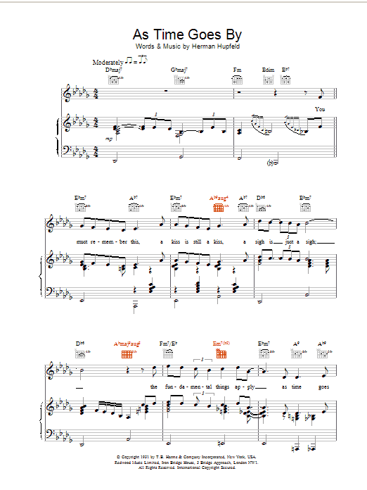 H Hupfeld As Time Goes By sheet music notes and chords arranged for Piano & Vocal