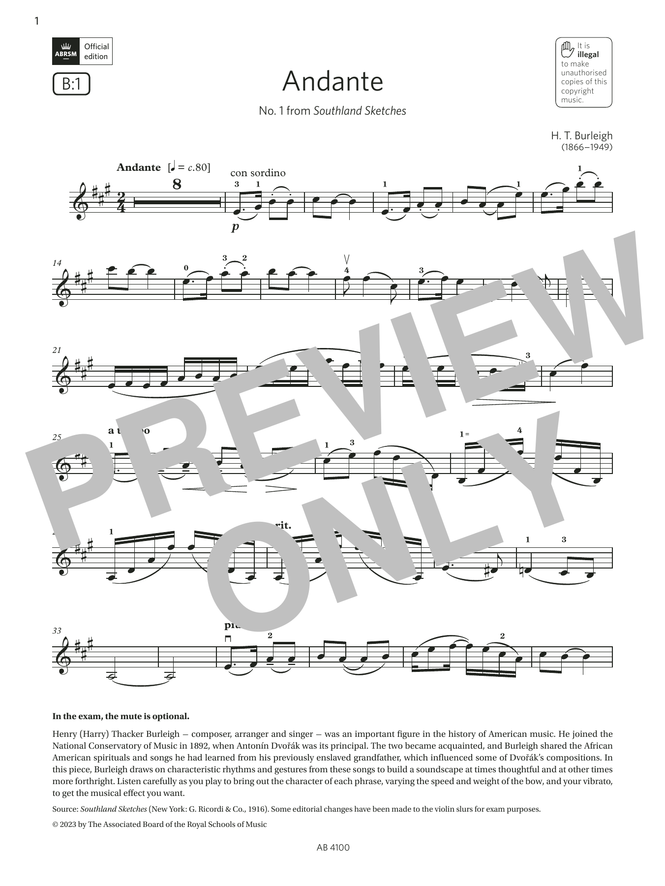H. T. Burleigh Andante (Grade 6, B1, from the ABRSM Violin Syllabus from 2024) sheet music notes and chords arranged for Violin Solo