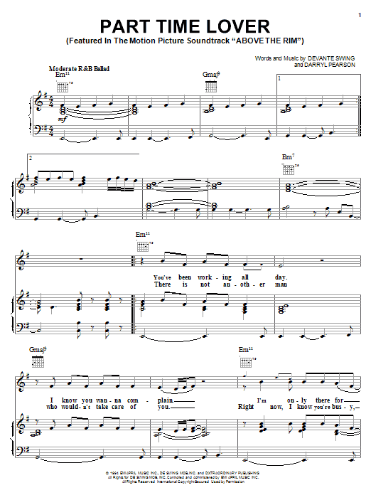 H-Town Part Time Lover sheet music notes and chords arranged for Piano, Vocal & Guitar Chords (Right-Hand Melody)