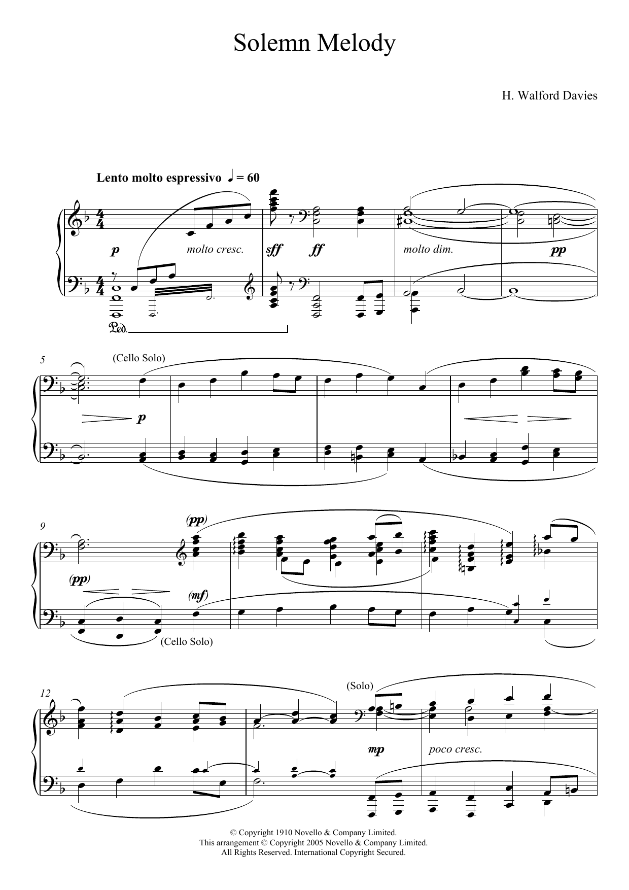 H. Walford Davies Solemn Melody sheet music notes and chords arranged for Piano Solo
