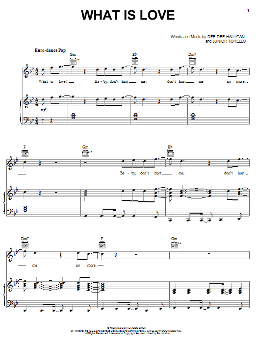 Haddaway What Is Love sheet music notes and chords arranged for Piano, Vocal & Guitar Chords (Right-Hand Melody)