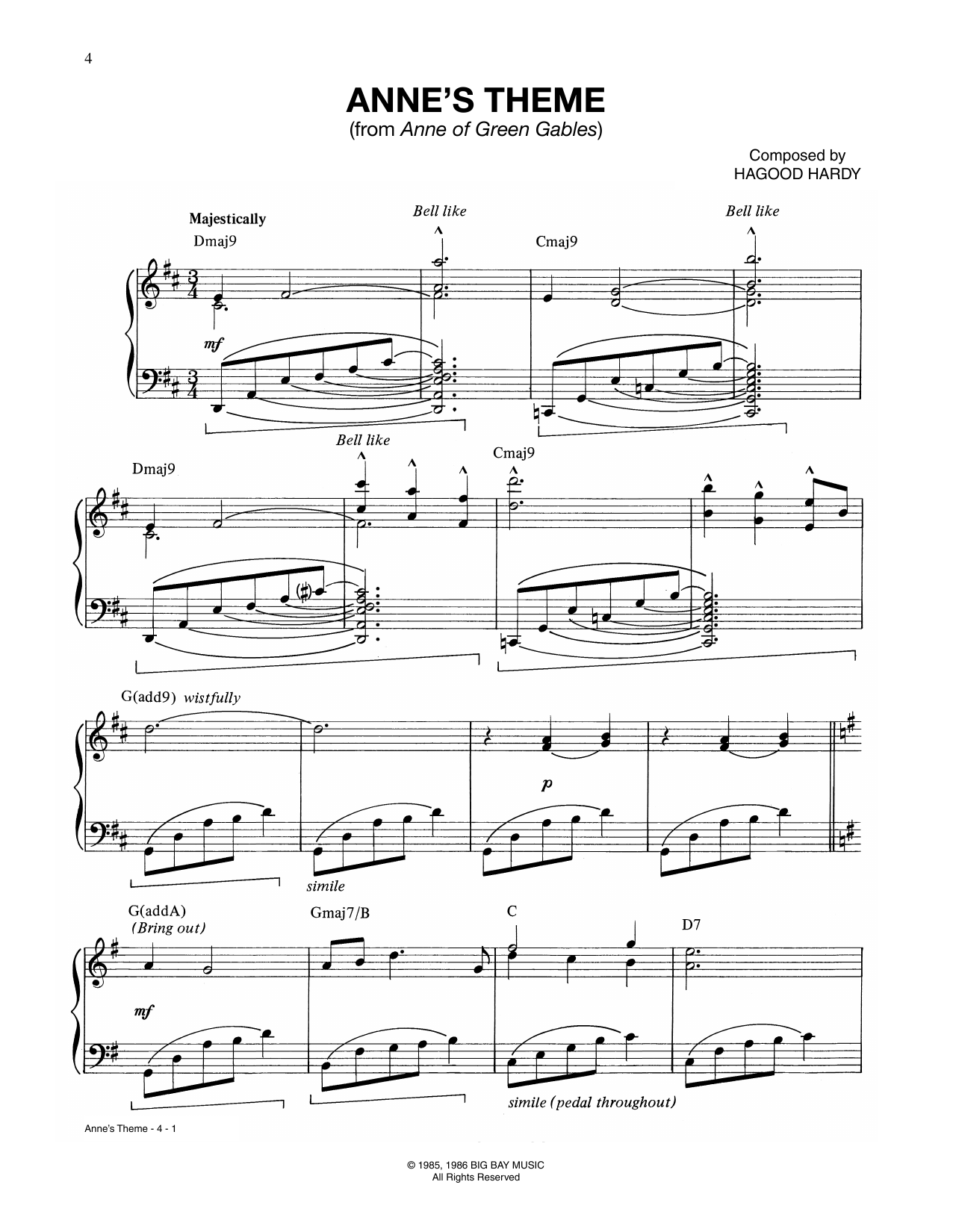 Hagood Hardy Anne's Theme (from Anne Of Green Gables) sheet music notes and chords arranged for Piano Solo