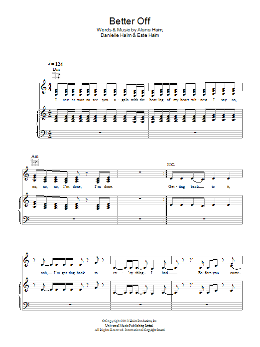 Haim Better Off sheet music notes and chords arranged for Piano, Vocal & Guitar Chords
