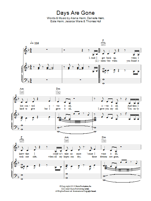 Haim Days Are Gone sheet music notes and chords arranged for Piano, Vocal & Guitar Chords