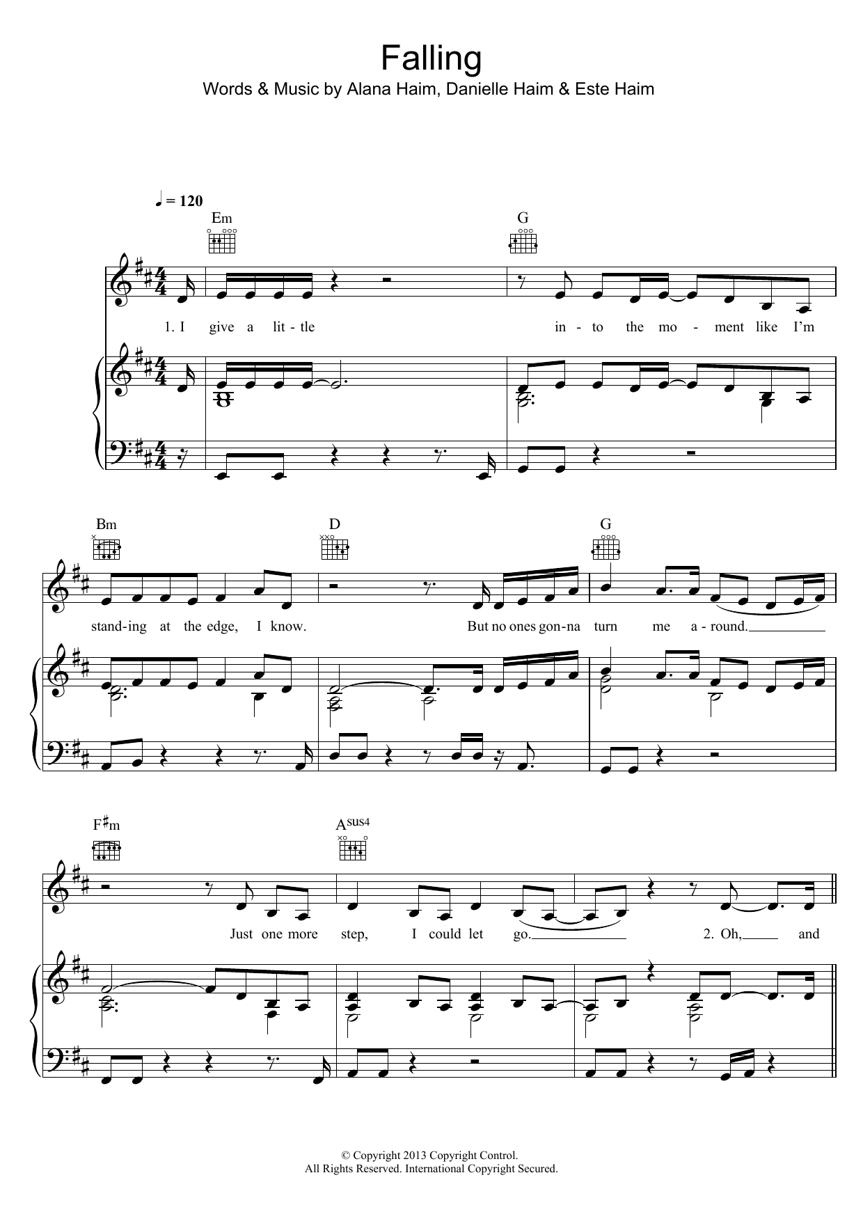 Haim Falling sheet music notes and chords arranged for Piano, Vocal & Guitar Chords