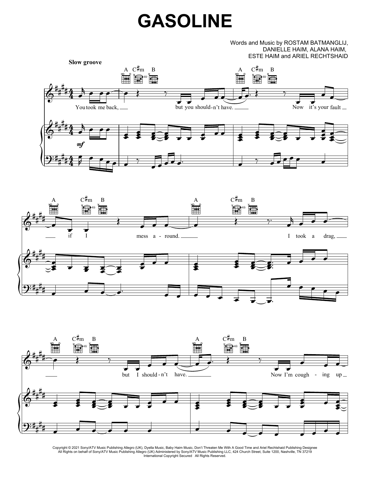 Haim Gasoline (feat. Taylor Swift) sheet music notes and chords arranged for Piano, Vocal & Guitar Chords (Right-Hand Melody)