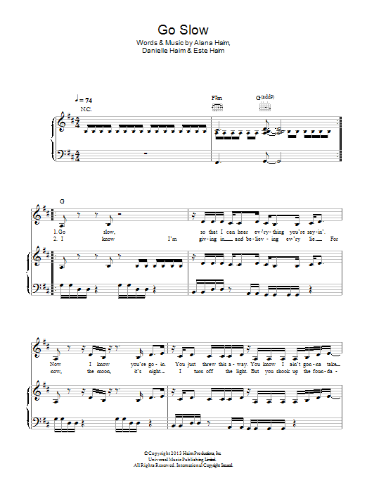Haim Go Slow sheet music notes and chords arranged for Piano, Vocal & Guitar Chords