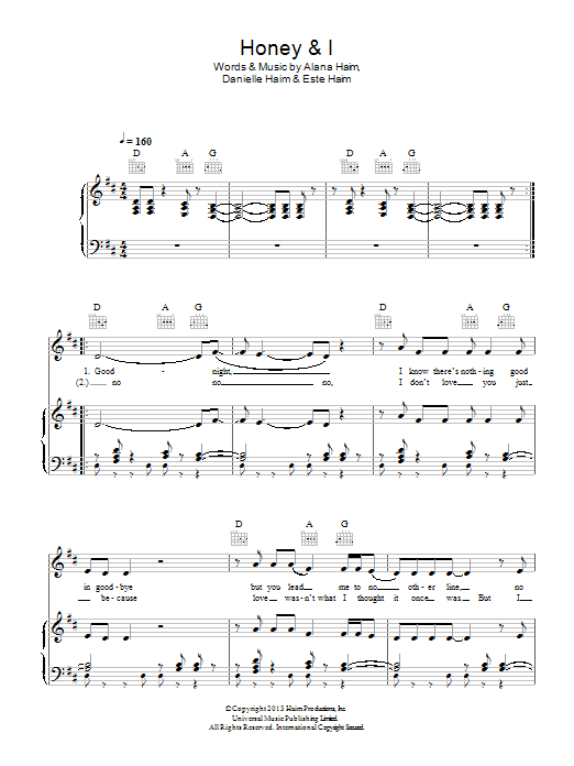 Haim Honey And I sheet music notes and chords arranged for Piano, Vocal & Guitar Chords