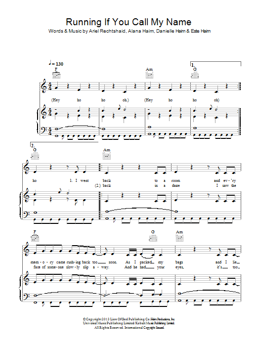 Haim Running If You Call My Name sheet music notes and chords arranged for Piano, Vocal & Guitar Chords
