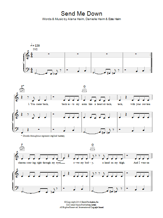 Haim Send Me Down sheet music notes and chords arranged for Piano, Vocal & Guitar Chords