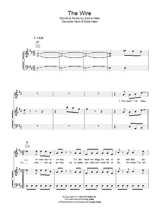 Haim The Wire sheet music notes and chords arranged for Piano, Vocal & Guitar Chords
