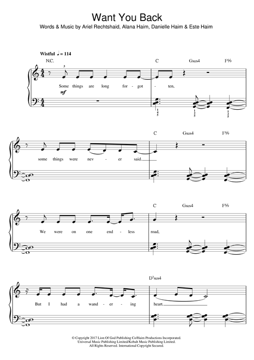 Haim Want You Back sheet music notes and chords arranged for Keyboard (Abridged)