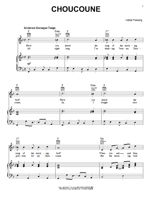 Haitian Folksong Choucoune sheet music notes and chords arranged for Piano, Vocal & Guitar Chords (Right-Hand Melody)