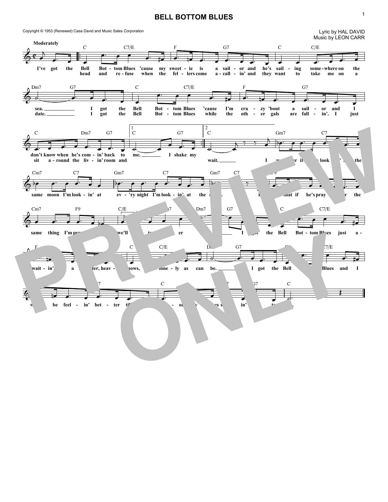 Hal David Bell Bottom Blues sheet music notes and chords arranged for Lead Sheet / Fake Book