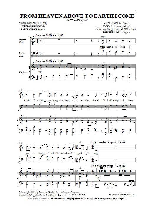 Hal Hopson From Heaven Above To Earth I Come sheet music notes and chords arranged for SATB Choir
