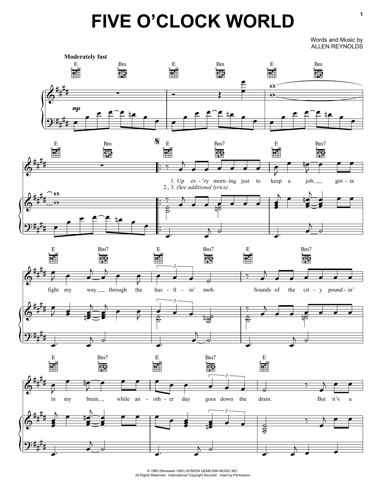 Hal Ketchum Five O'Clock World sheet music notes and chords arranged for Piano, Vocal & Guitar Chords (Right-Hand Melody)