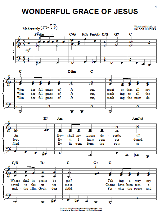 Haldor Lillenas Wonderful Grace Of Jesus sheet music notes and chords arranged for Easy Piano