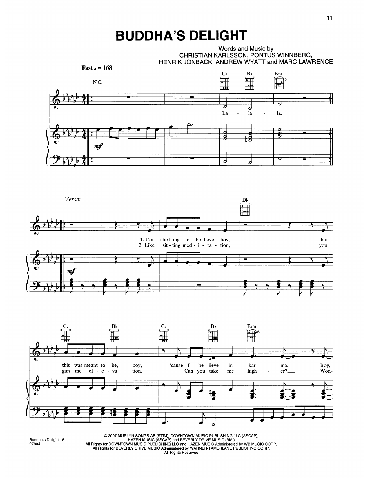 Haley Bennett Buddha's Delight (from Music And Lyrics) sheet music notes and chords arranged for Piano, Vocal & Guitar Chords (Right-Hand Melody)