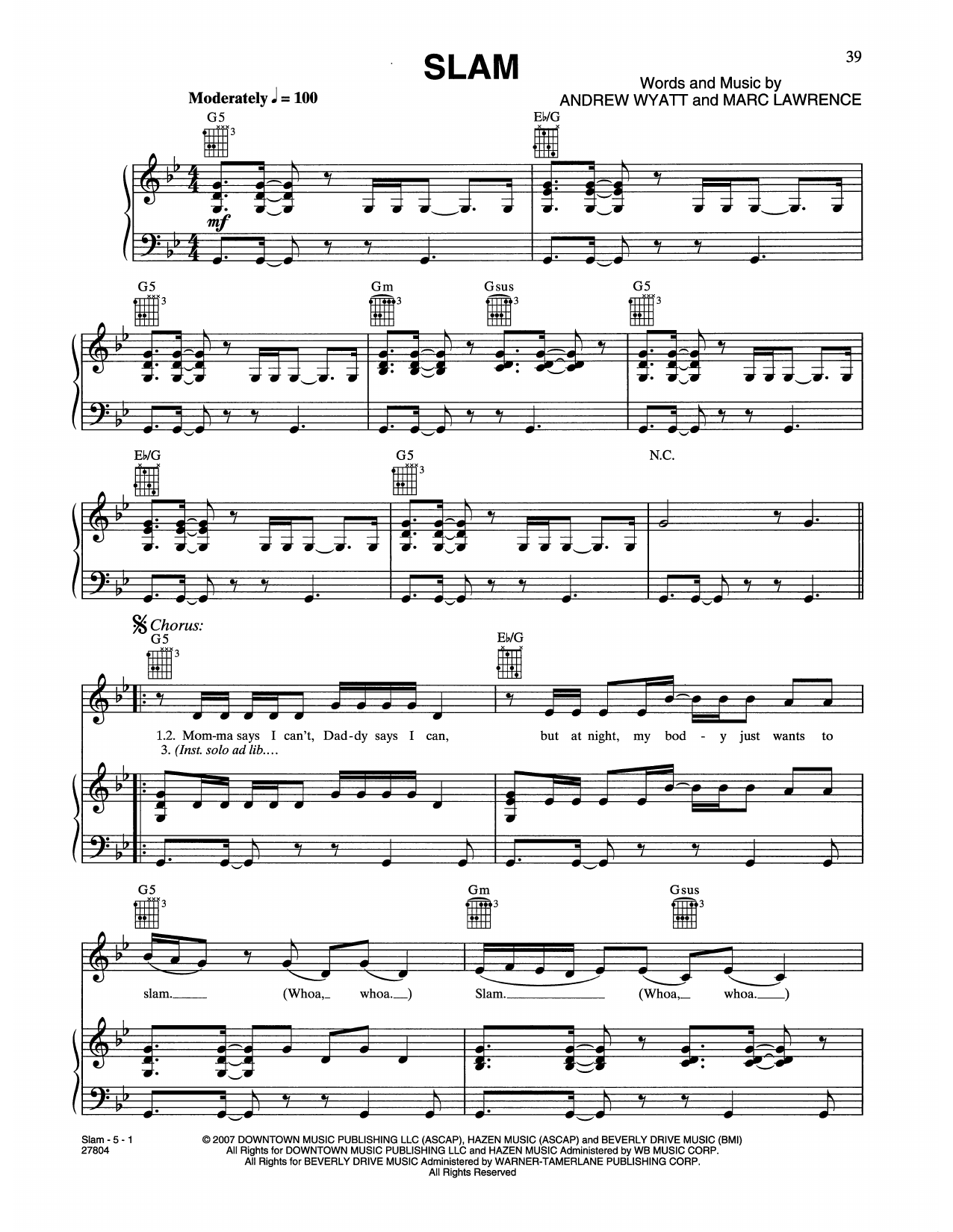Haley Bennett Slam (from Music And Lyrics) sheet music notes and chords arranged for Piano, Vocal & Guitar Chords (Right-Hand Melody)