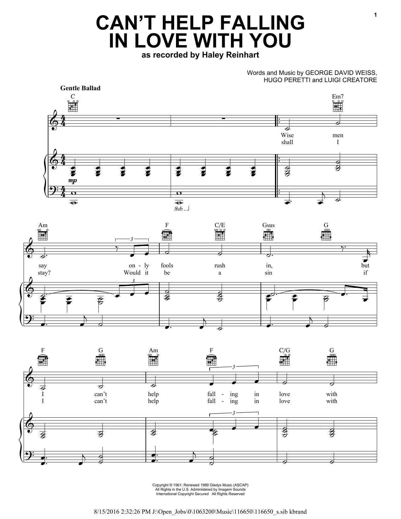 Haley Reinhart Can't Help Falling In Love sheet music notes and chords arranged for Piano, Vocal & Guitar Chords (Right-Hand Melody)