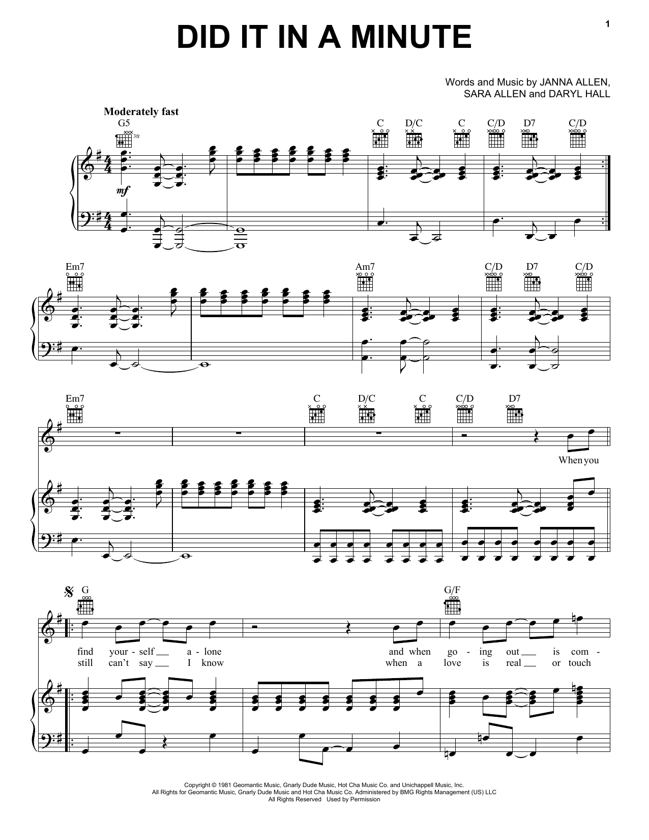 Hall & Oates Did It In A Minute sheet music notes and chords arranged for Piano, Vocal & Guitar Chords (Right-Hand Melody)