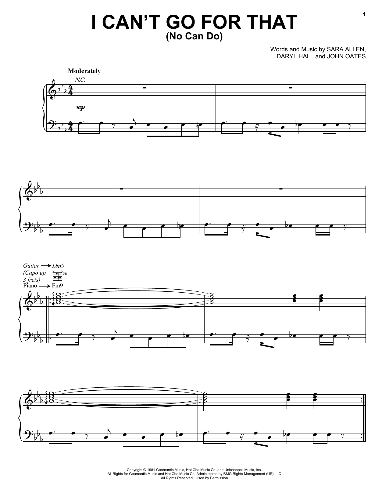 Hall & Oates I Can't Go For That sheet music notes and chords arranged for Piano, Vocal & Guitar Chords (Right-Hand Melody)