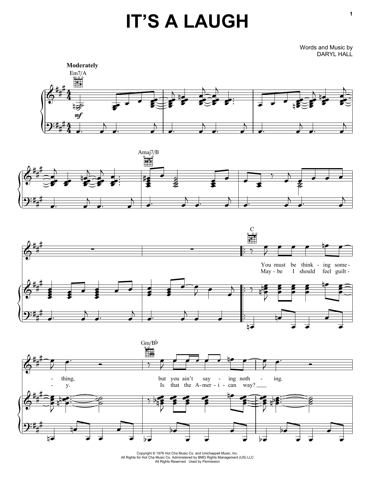 Hall & Oates It's A Laugh sheet music notes and chords arranged for Piano, Vocal & Guitar Chords (Right-Hand Melody)
