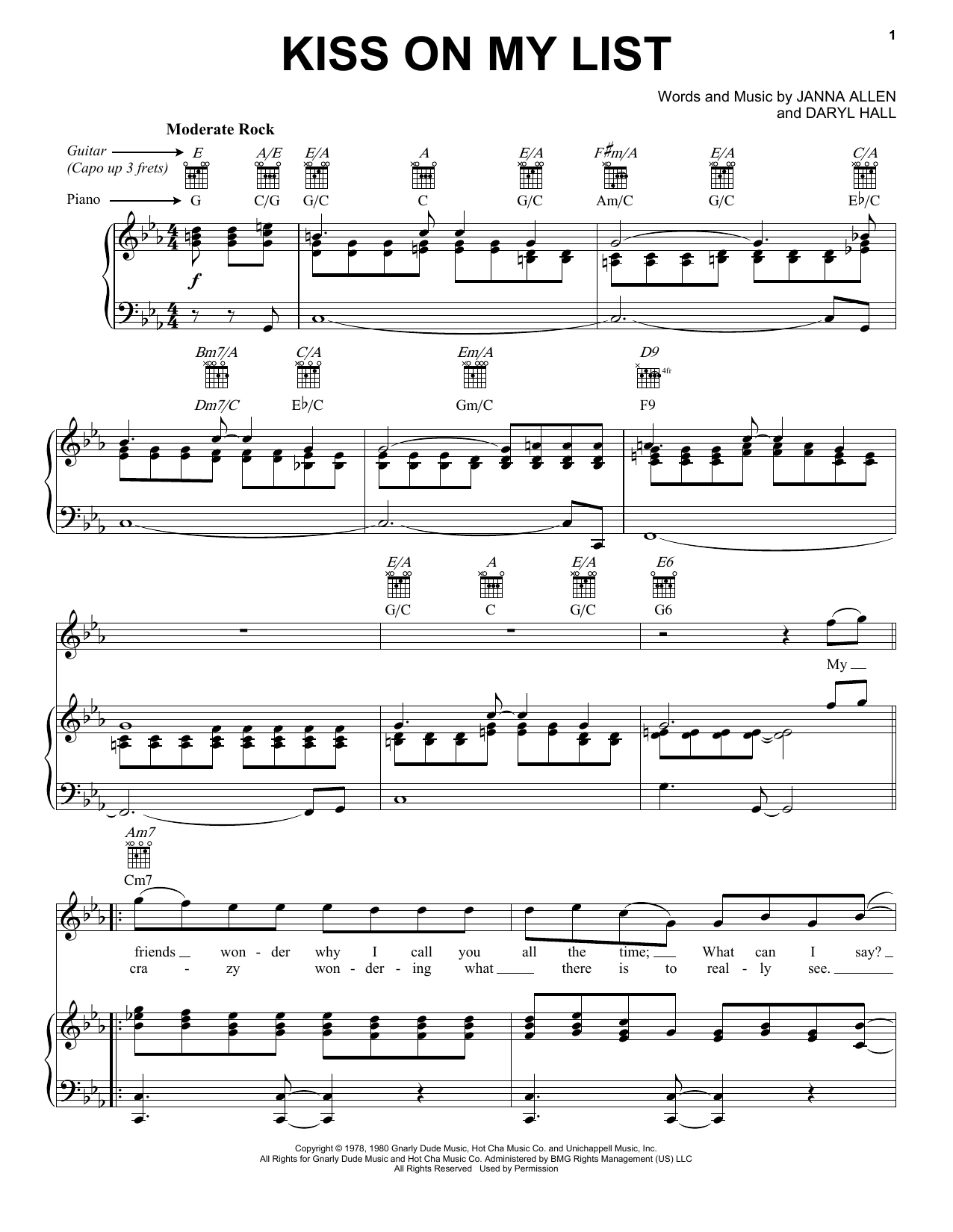 Hall & Oates Kiss On My List sheet music notes and chords arranged for Piano & Vocal