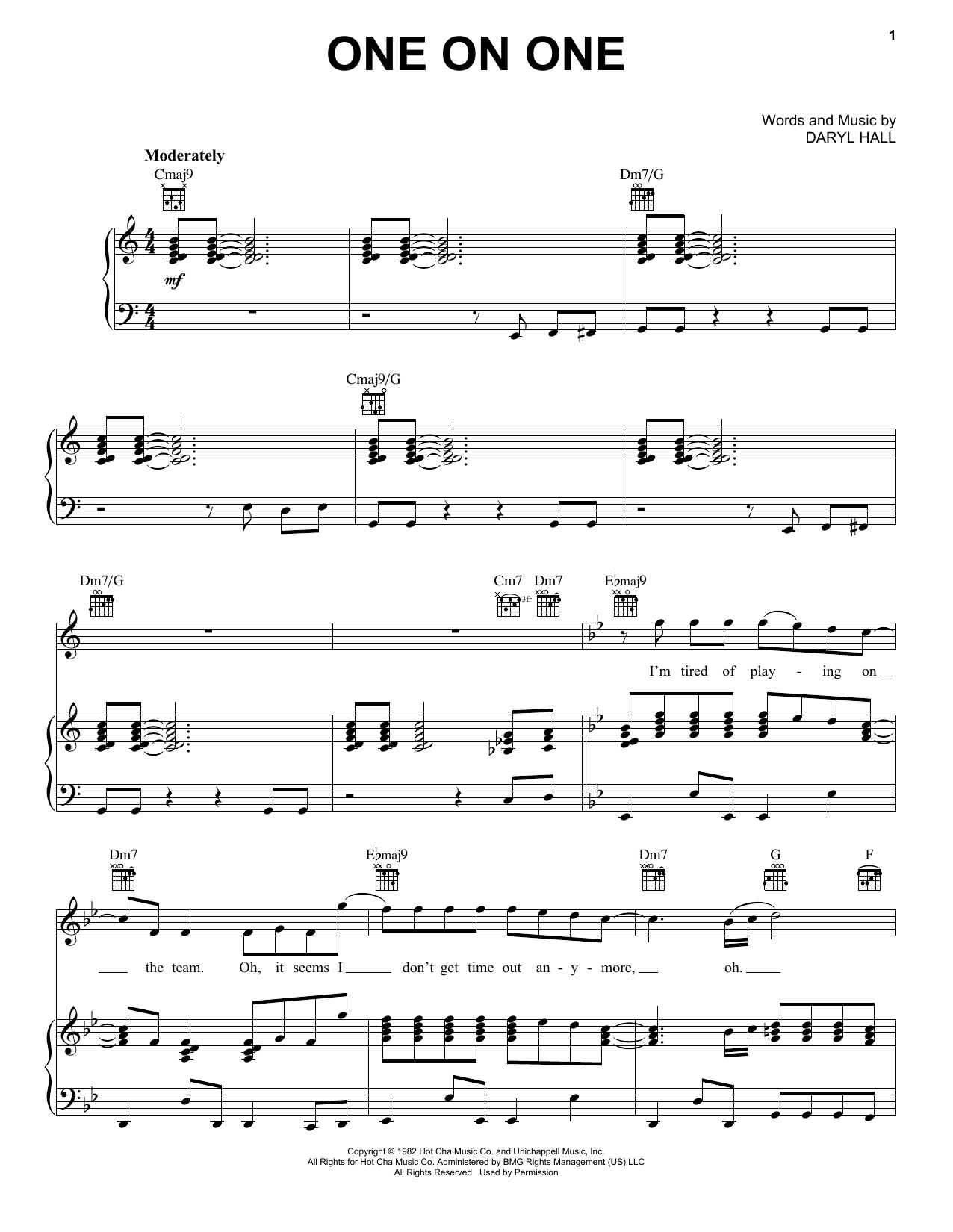 Hall & Oates One On One sheet music notes and chords arranged for Piano, Vocal & Guitar Chords (Right-Hand Melody)