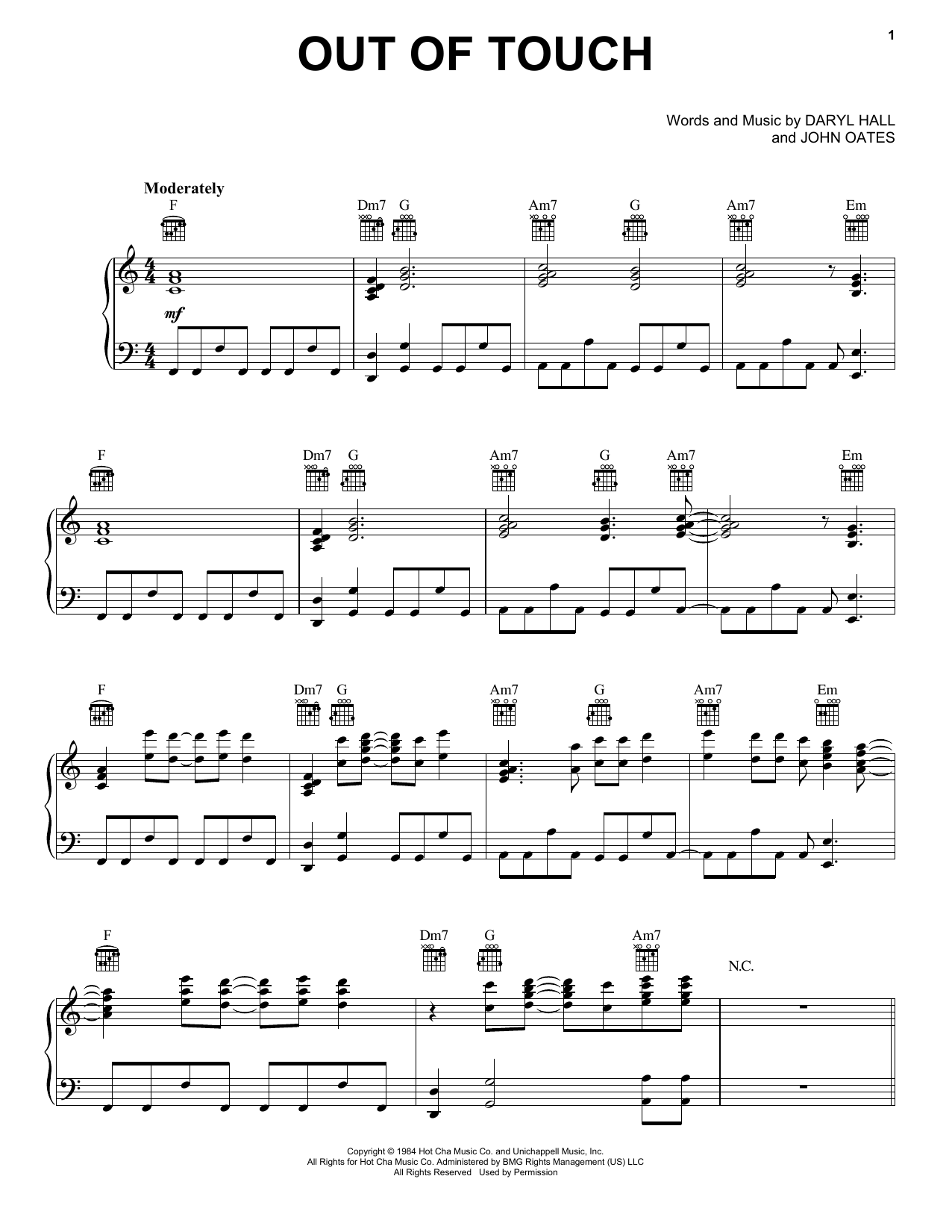Hall & Oates Out Of Touch sheet music notes and chords arranged for Piano, Vocal & Guitar Chords (Right-Hand Melody)