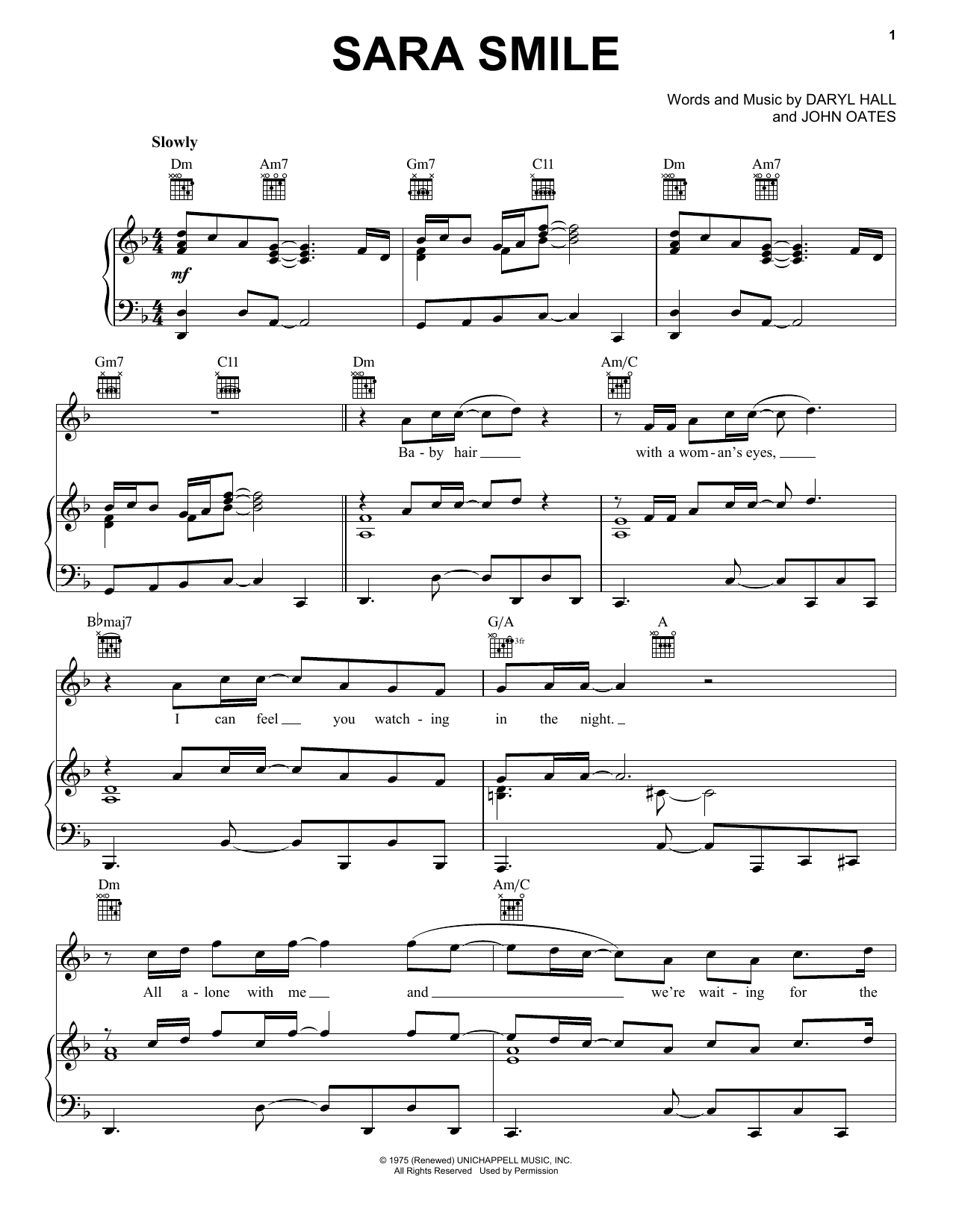Hall & Oates Sara Smile sheet music notes and chords arranged for Guitar Chords/Lyrics