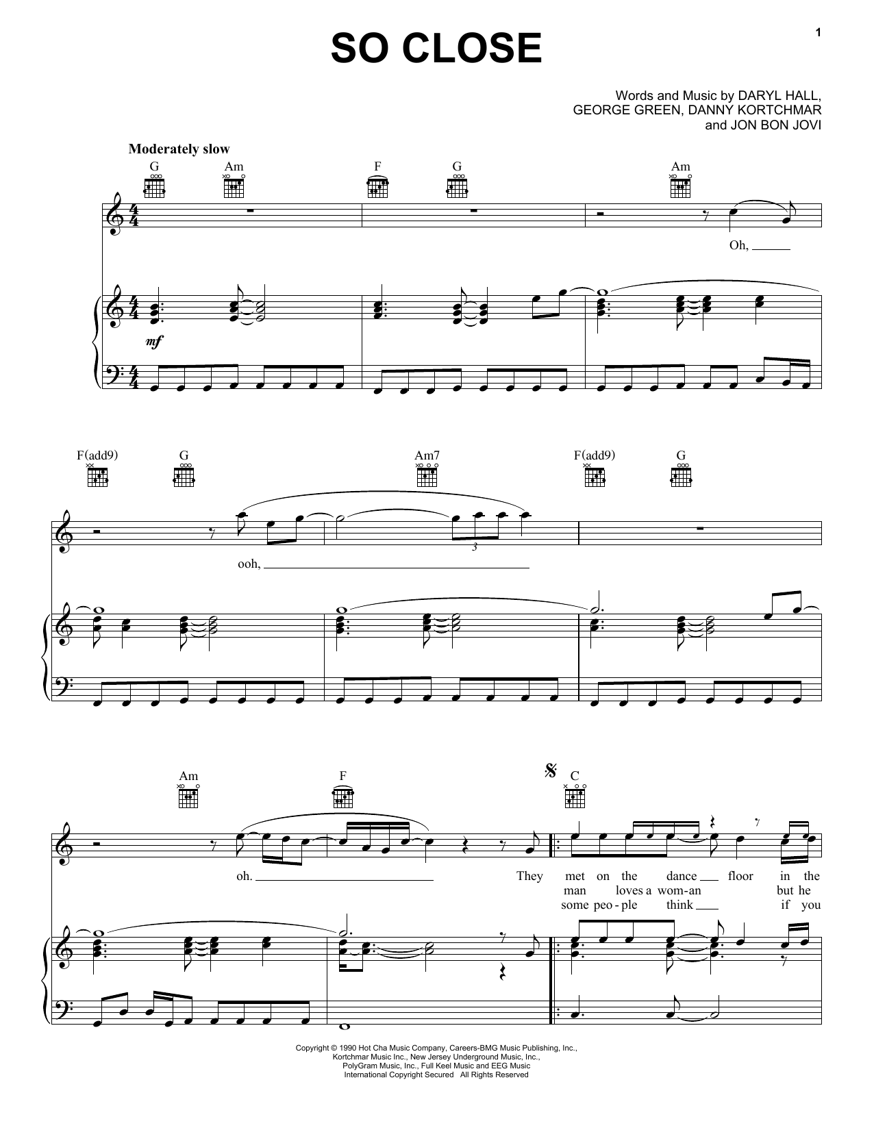 Hall & Oates So Close sheet music notes and chords arranged for Piano, Vocal & Guitar Chords (Right-Hand Melody)