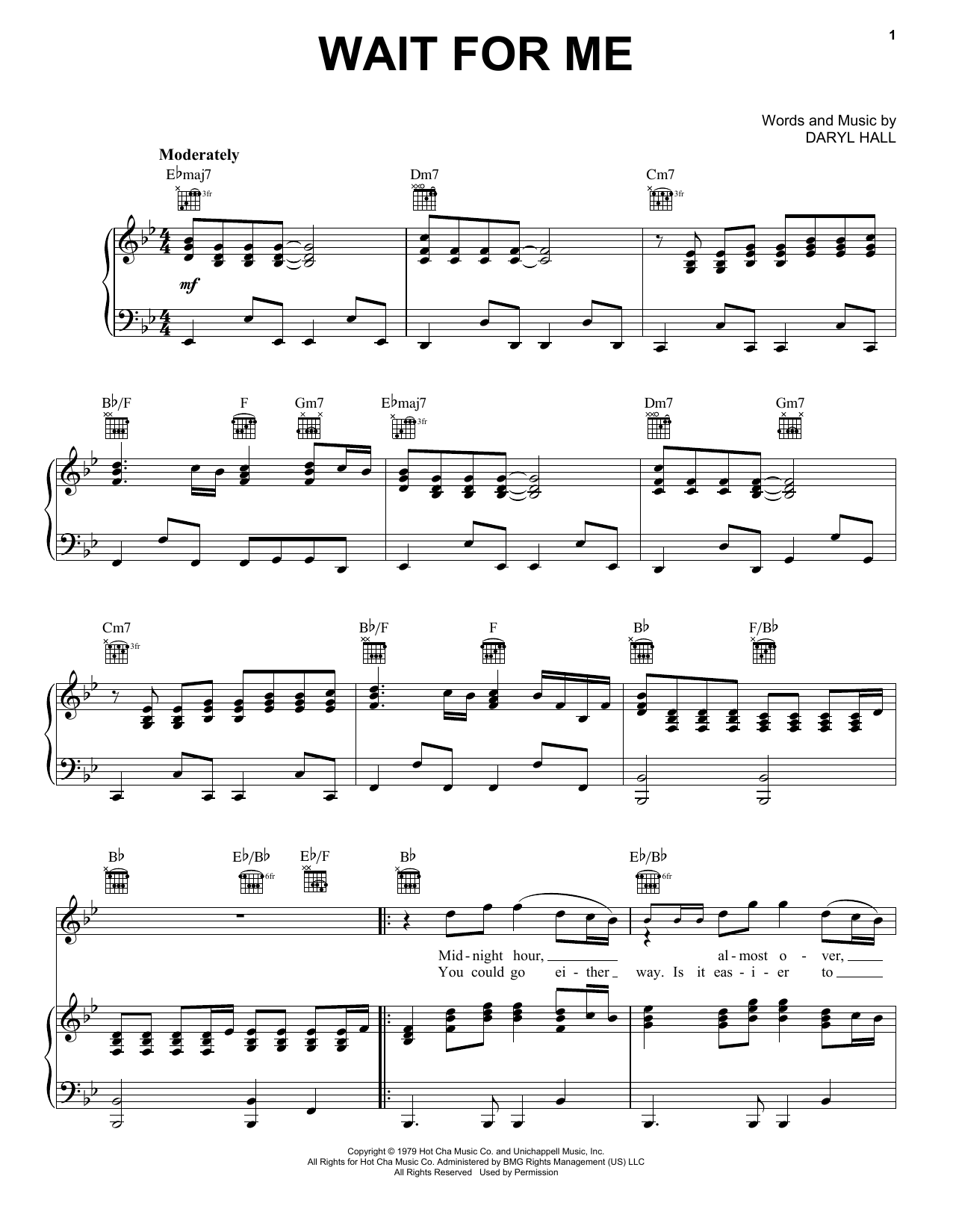 Hall & Oates Wait For Me sheet music notes and chords arranged for Piano, Vocal & Guitar Chords (Right-Hand Melody)