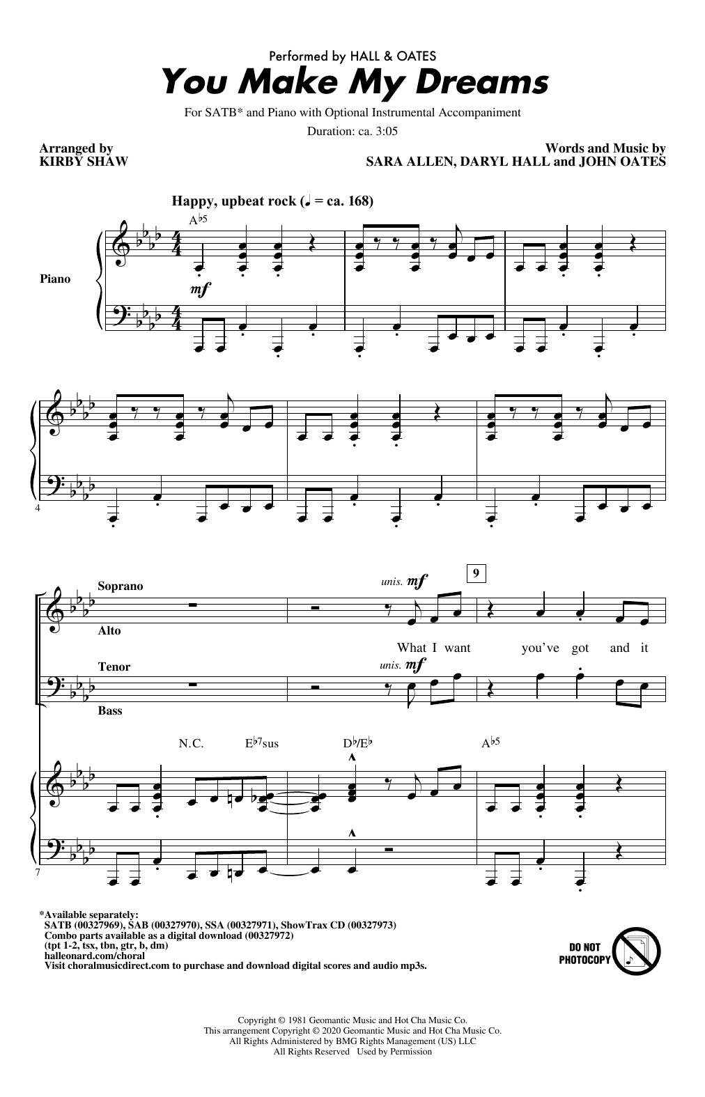 Hall & Oates You Make My Dreams (arr. Kirby Shaw) sheet music notes and chords arranged for SSA Choir
