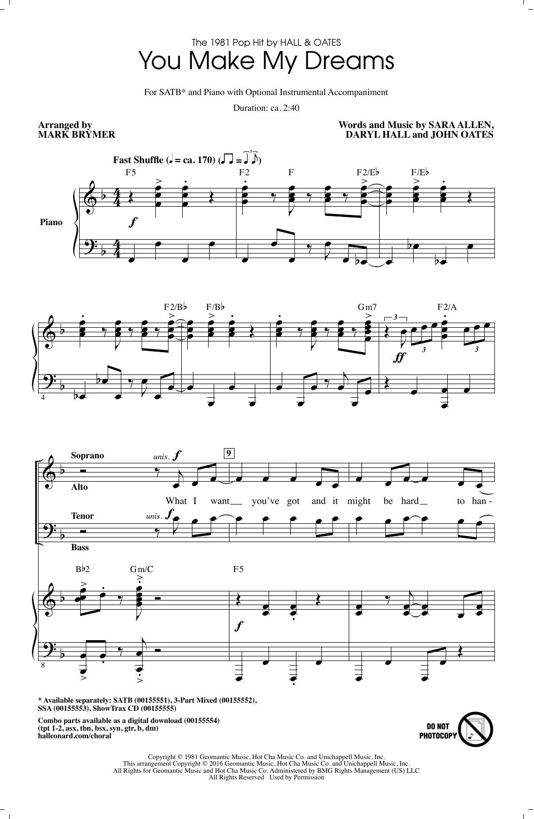 Hall & Oates You Make My Dreams (arr. Mark Brymer) sheet music notes and chords arranged for SATB Choir