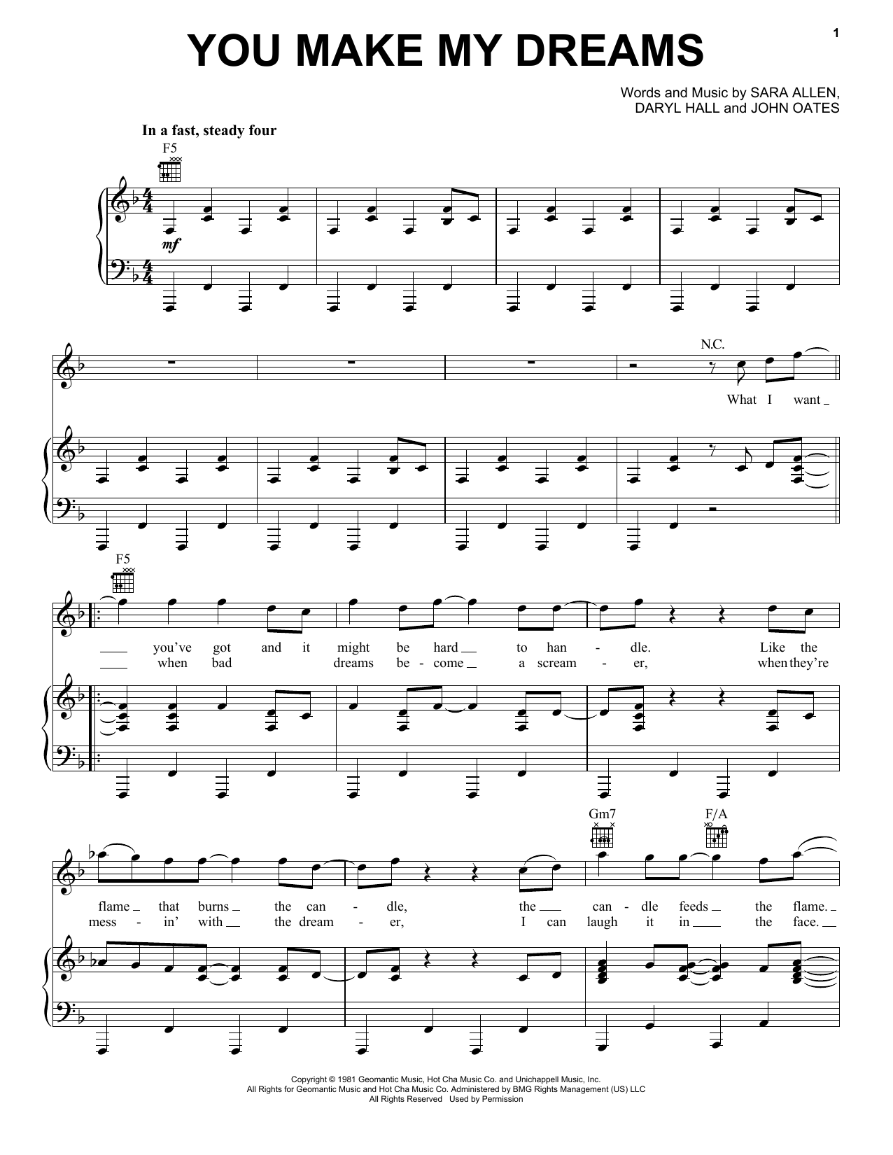 Hall & Oates You Make My Dreams sheet music notes and chords arranged for Piano, Vocal & Guitar Chords (Right-Hand Melody)