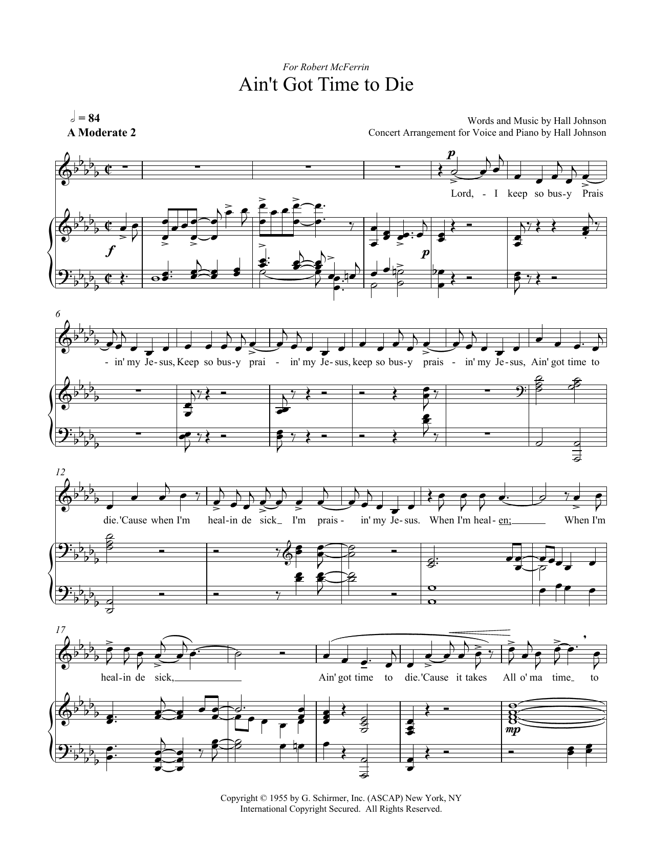 Hall Johnson Ain't Got Time to Die (D-flat) sheet music notes and chords arranged for Piano & Vocal