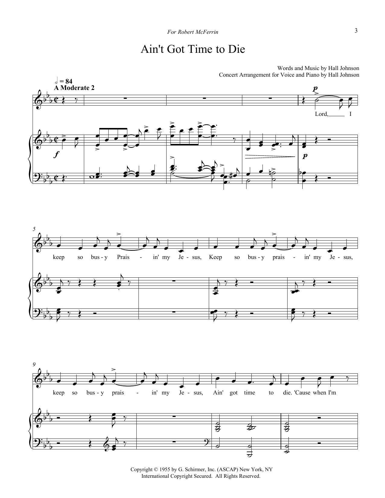 Hall Johnson Ain't Got Time to Die (E-flat) sheet music notes and chords arranged for Piano & Vocal