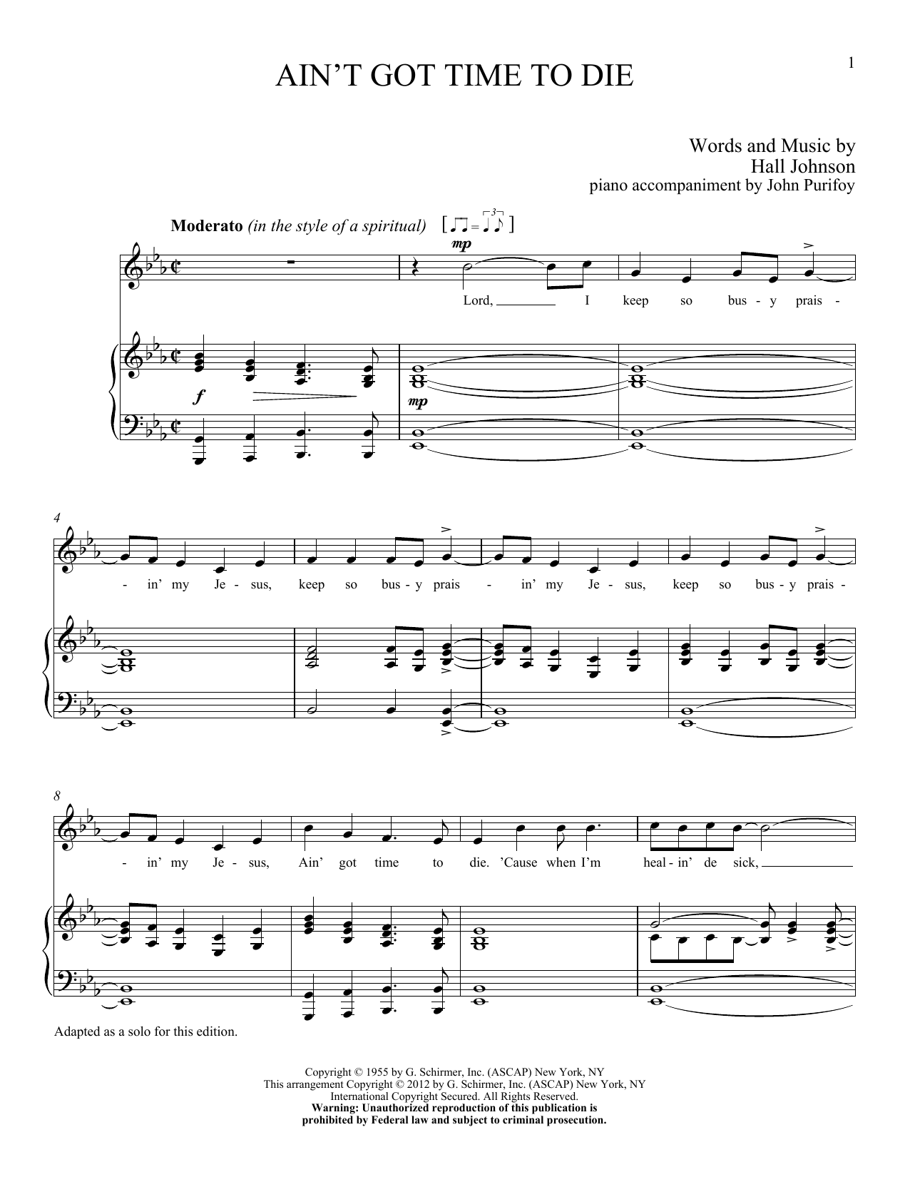 Hall Johnson Ain't Got Time to Die sheet music notes and chords arranged for Piano & Vocal