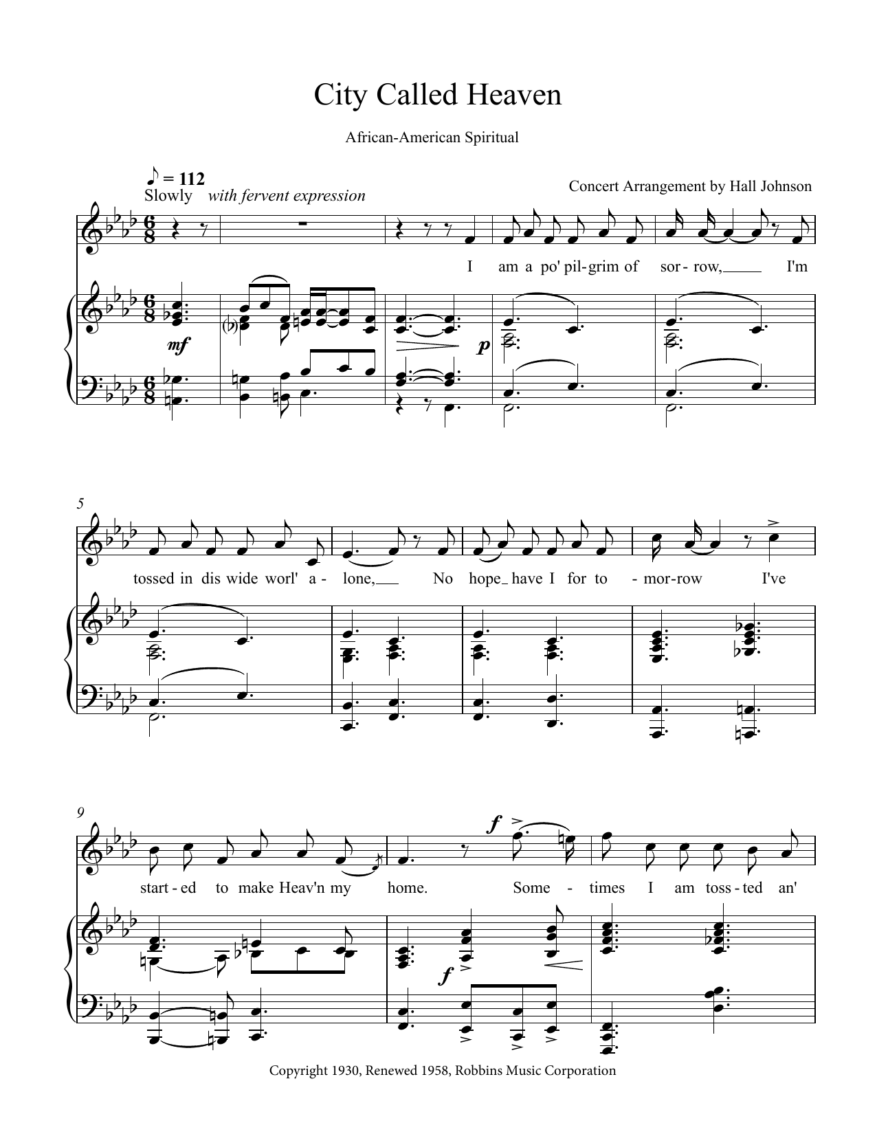 Hall Johnson City Called Heaven (F minor) sheet music notes and chords arranged for Piano & Vocal