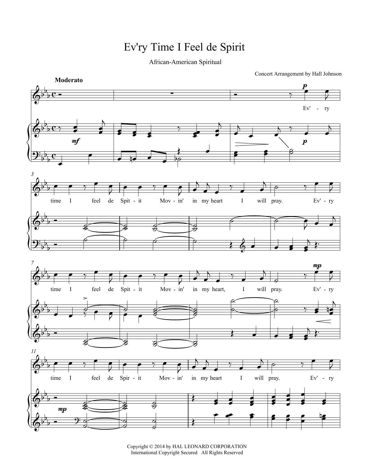 Hall Johnson Ev'ry Time I Feel de Spirit (E-flat) sheet music notes and chords arranged for Piano & Vocal