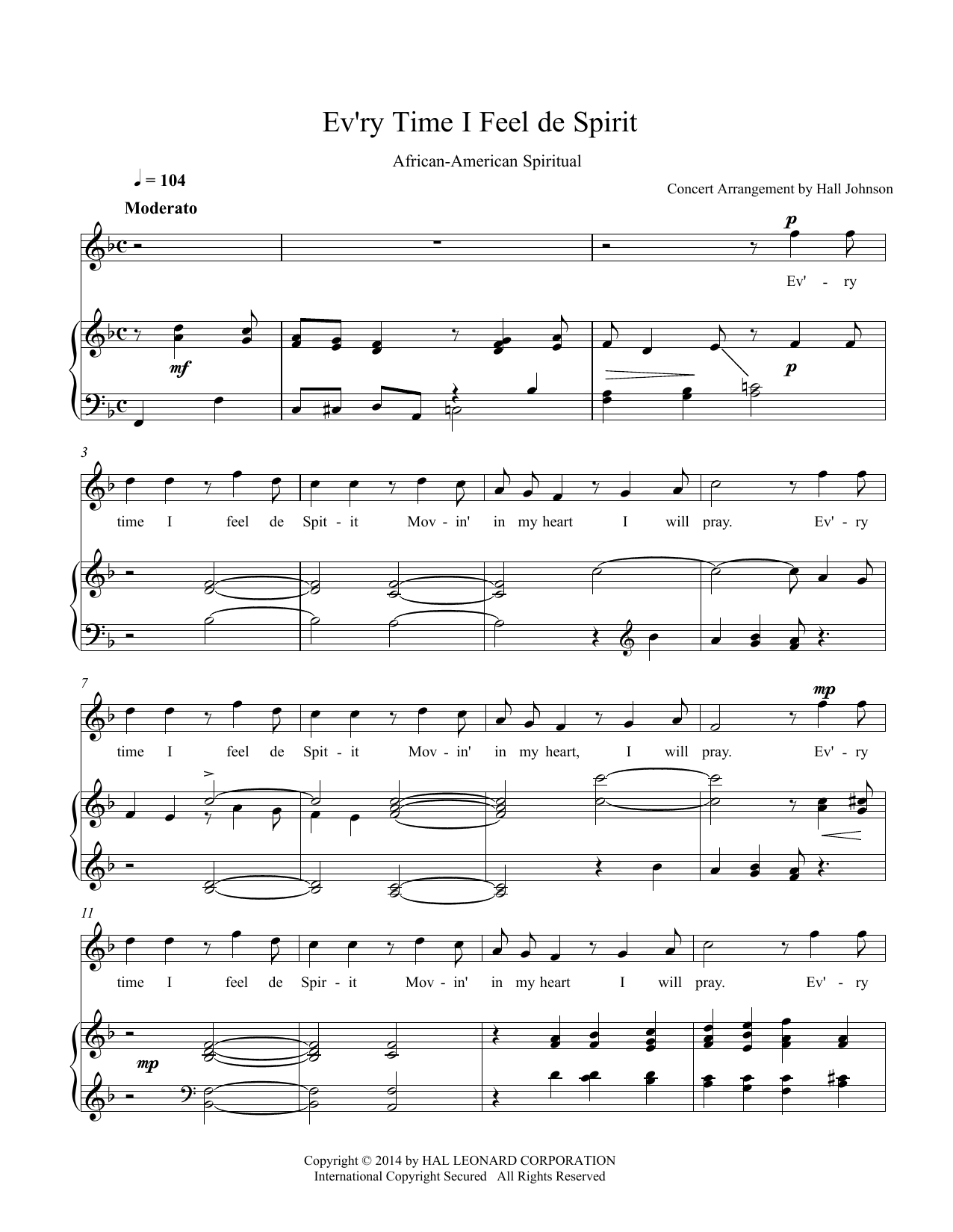 Hall Johnson Ev'ry Time I Feel de Spirit (F) sheet music notes and chords arranged for Piano & Vocal