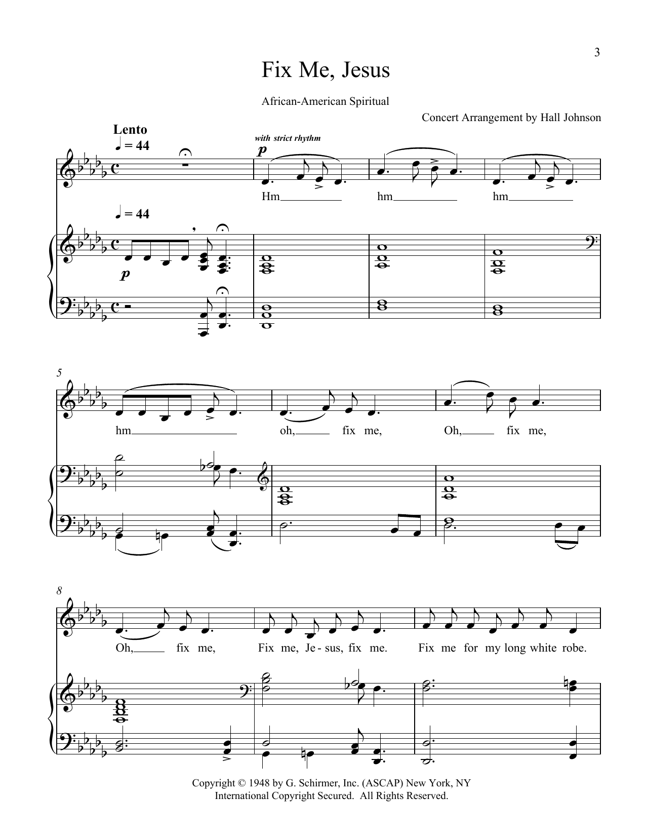 Hall Johnson Fix Me, Jesus (D-flat) sheet music notes and chords arranged for Piano & Vocal