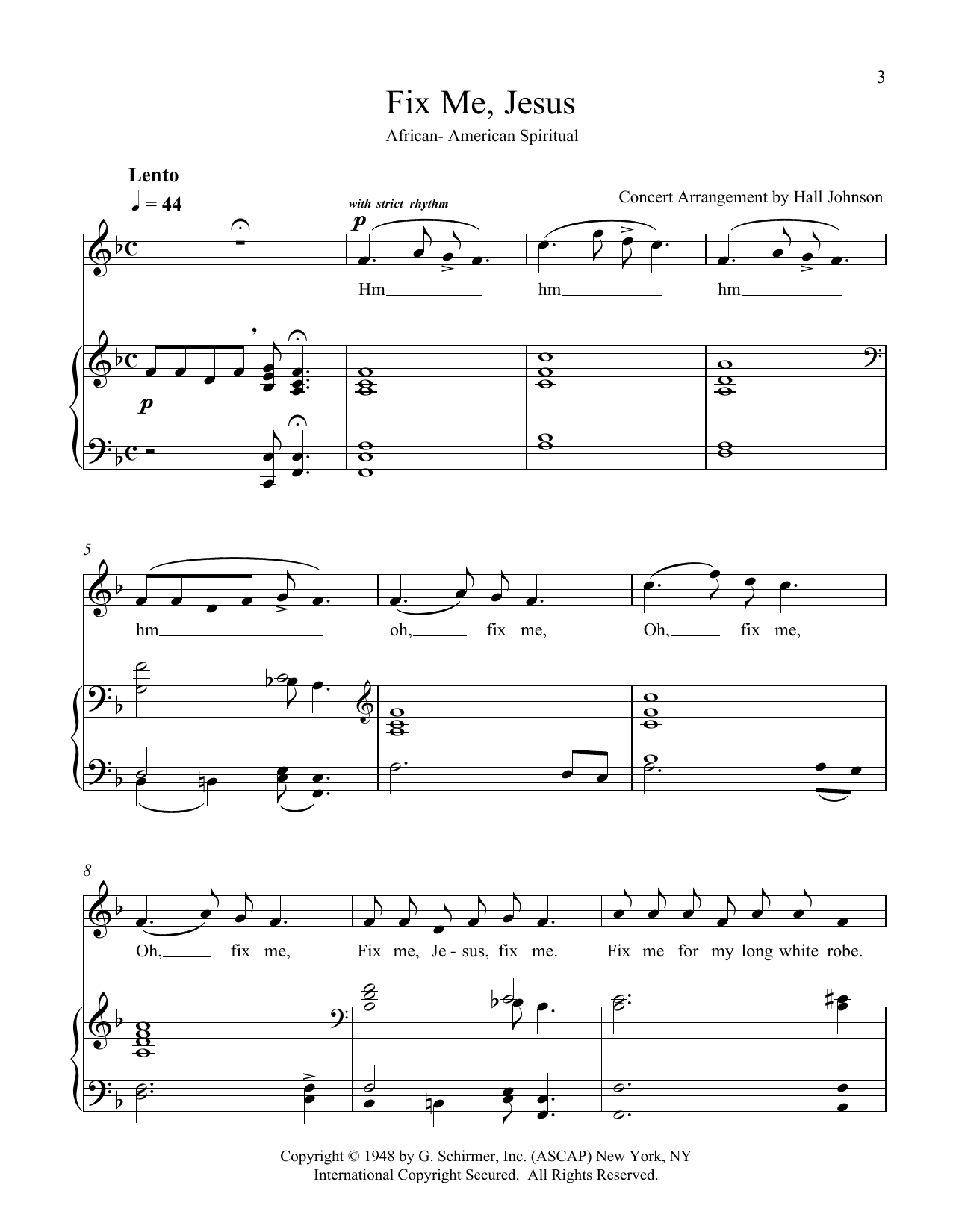 Hall Johnson Fix Me, Jesus (F) sheet music notes and chords arranged for Piano & Vocal