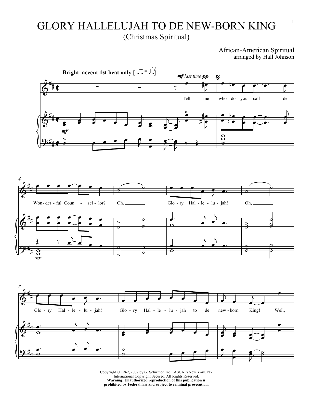 Hall Johnson Glory Hallelujah To De New-born King sheet music notes and chords arranged for Piano & Vocal