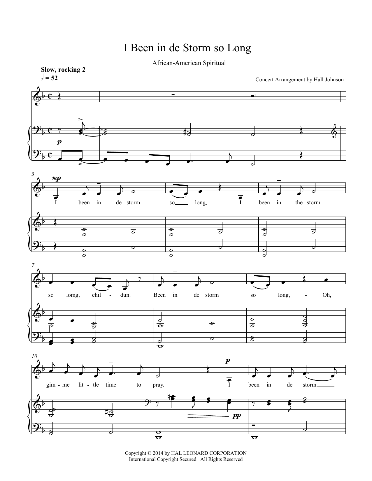 Hall Johnson I Been in de Storm So Long (D minor) sheet music notes and chords arranged for Piano & Vocal
