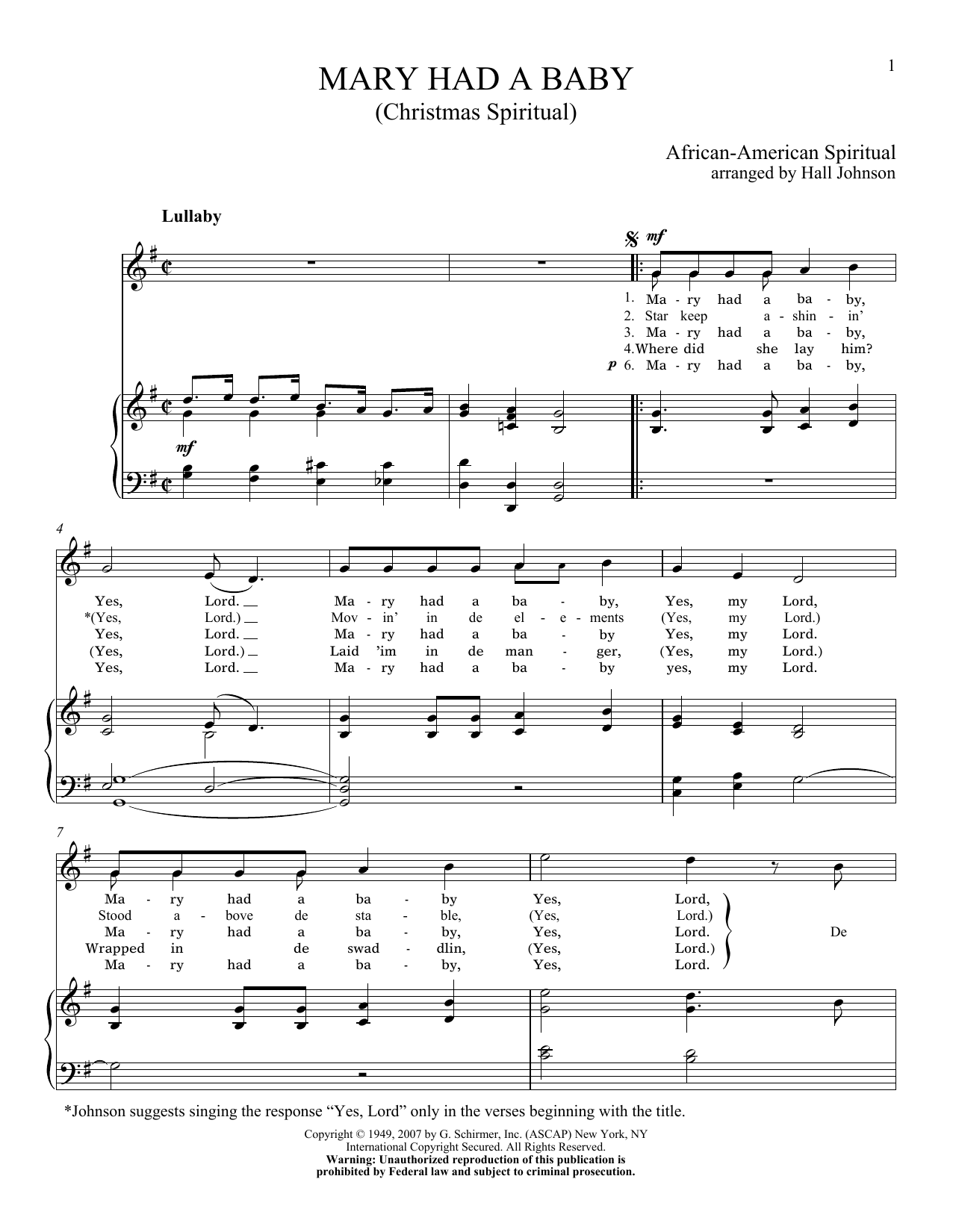 Hall Johnson Mary Had A Baby sheet music notes and chords arranged for Piano & Vocal