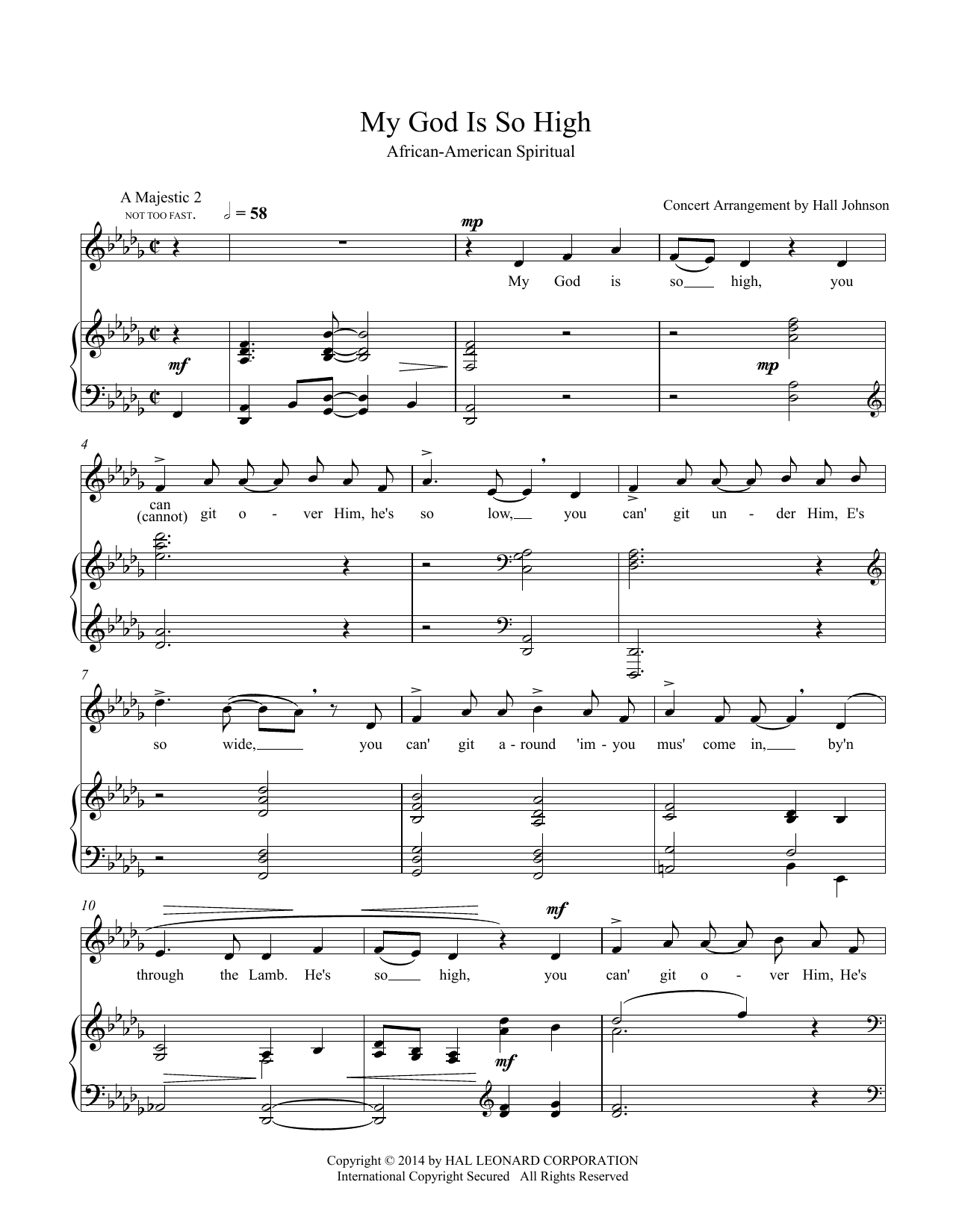 Hall Johnson My God Is So High (D-flat) sheet music notes and chords arranged for Piano & Vocal