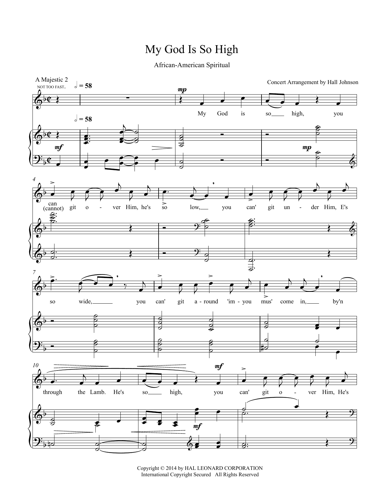 Hall Johnson My God Is So High (F) sheet music notes and chords arranged for Piano & Vocal